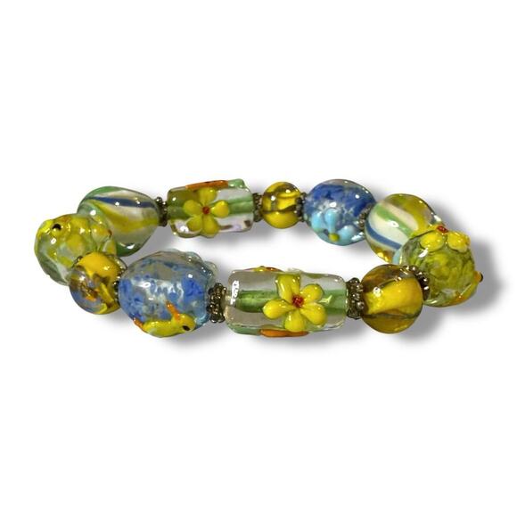 Glass Lampworks Beads Stretch Bracelet Colorful Spring Easter Silver Tone - Picture 3 of 6